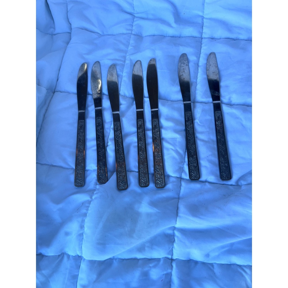 Vintage Unisex Unbranded Floral Embossed Stainless Steel Dinner Knives 7pc Silvr